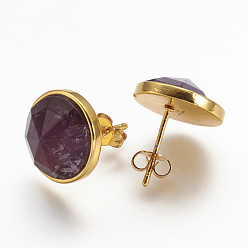 Amethyst Natural Amethyst Ear Studs, with Brass Findings, Golden, Flat Round, 15mm, Pin: 0.8mm