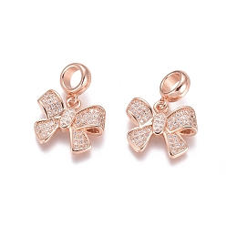 Rose Gold Brass Micro Pave Cubic Zirconia European Dangle Charms, Large Hole Pendants, Bowknot, Clear, Rose Gold, 23mm, Bowknot: 13.5x17x3.5mm, Hole: 5mm