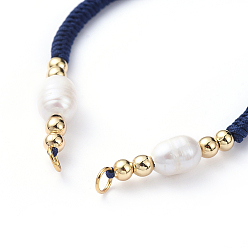Midnight Blue Braided Nylon Cord for DIY Bracelet Making, with Natural Freshwater Pearl & Brass Findings, Golden, Midnight Blue, 6-7/8 inch(17.5cm), 4mm