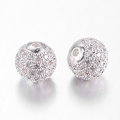 Silver Brass Cubic Zirconia Beads, Round, Silver Color Plated, 10mm, Hole: 2mm