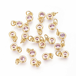 Pearl Pink Brass with Single Cubic Zirconia Charms, Single Stone Charms, Flat Round, Golden, Pearl Pink, 6.5x4.5x2mm, Hole: 2.5~3mm