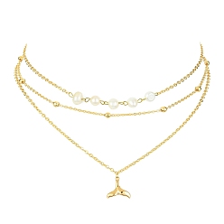 Real 18K Gold Plated 3 Layered Necklaces, with Natural Pearl, Brass Chains and Pendants, Whale Tail Shape, White, Real 18K Gold Plated, 14.17 inch(36cm)