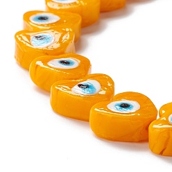 Orange Handmade Evil Eye Lampwork Beads, Heart, Orange, 14.5~15x15.5~16x6.5~7.5mm, Hole: 1~1.6mm, about 25pcs/strand, 14.02~13.66 inch(34.7~35.6cm)