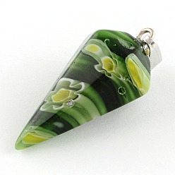 Mixed Color Cone Handmade Millefiori Glass Pendants, with Platinum Plated Iron Findings, Mixed Color, 39~40x17x17mm, Hole: 10x4mm