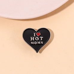 Black Heart with Word I Love Hot Moms Enamel Pin, Platinum Plated Alloy Badge for Mother's Day, Black, 27x30mm