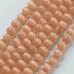 Coral Cat Eye Beads, Round, Coral, 6mm, Hole: 1mm, about 66pcs/strand, 15.5 inch
