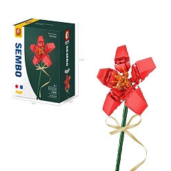 Red Kapok Potted Flowers Building Blocks, with Riband, DIY Artificial Bouquet Building Bricks Toy for Kids, Red, 120x90x58mm