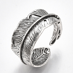 Antique Silver Alloy Cuff Finger Rings, Wide Band Rings, Feather, Antique Silver, Size 9, 19mm