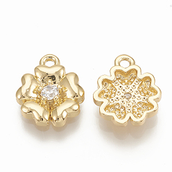 Real 18K Gold Plated Brass Micro Pave Cubic Zirconia Charms, Flower, Nickel Free, Real 18K Gold Plated, 10x8.5x2mm, Hole: 1mm
