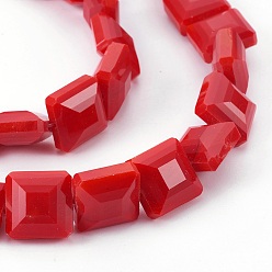 Red Pearl Luster Plated Glass Bead Strands, Faceted Square, Red, 13x13x8mm, Hole: 1mm, about 27pcs/strand, 13.9 inch