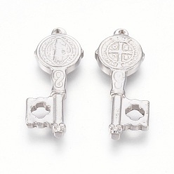 Stainless Steel Color 201 Stainless Steel Pendants, Key, Saint Benedict Medal, Stainless Steel Color, 26x10x3mm, Hole: 1mm