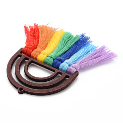 Colorful Polycotton(Polyester Cotton) Tassel Big Pendants, Unfinished Wood Semi Circle Earrings, for DIY Rainbow Macrame Earrings, Colorful, 76x50x5mm, Hole: 2mm