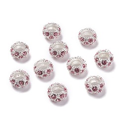 Light Rose Alloy Rhinestone European Beads, Large Hole Beads, Rondelle, Silver Color Plated, Light Rose, 11x6mm, Hole: 5mm