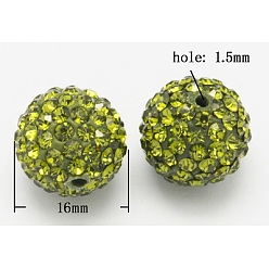 Peridot Grade A Rhinestone Pave Disco Ball Beads, for Unisex Jewelry Making, Round, Peridot, PP13(1.9~2mm), 16mm, Hole: 1.5mm