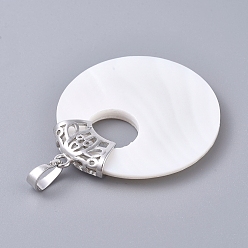 White Shell Natural White Shell Pendants, with Platinum Tone Brass Ice Pick Pinch Bails, Donut, 44x38x5mm, Hole: 5x8mm