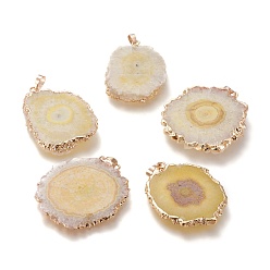 Yellow Dyed Natural Druzy Solar Quartz Crystal Pendants, Edge Plated, with Brass Bails, Sunflower, Golden, Yellow, 40~50x30~45x5~6mm, Hole: 4x6mm