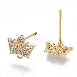 Real 18K Gold Plated Brass Stud Earring Findings, with Loop, Cubic Zirconia, Nickel Free, Real 18K Gold Plated, Crown, Clear, 8x9mm, Hole: 0.8mm, Pin: 0.8mm
