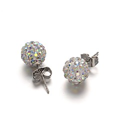 Crystal AB Polymer Clay Rhinestone Ball Stud Earrings, with Stainless Steel Stud Earring Findings, Stainless Steel Color, Crystal AB, 10mm, Pin: 0.8mm