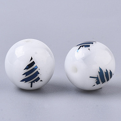 Blue Plated Christmas Opaque Glass Beads, Round with Electroplate Christmas Tree Pattern, Blue Plated, 10mm, Hole: 1.2mm