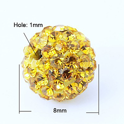 Topaz Pave Disco Ball Beads, Polymer Clay Rhinestone Beads, Grade A, Topaz, PP11(1.7~1.8mm), 8mm, Hole: 1mm