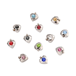 Mixed Color 304 Stainless Steel Charms, with Acrylic Rhinestone, Faceted, Birthstone Charms, Heart, Stainless Steel Color, Mixed Color, 8.2x7.2x3.2mm, Hole: 1mm