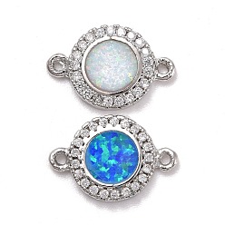 Platinum Brass Micro Pave Cubic Zirconia Links, with Synthetic Opal, Flat Round, Platinum, 14.5x10x2mm, Hole: 1mm