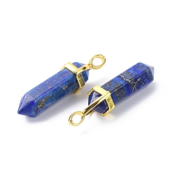 Lapis Lazuli Natural Lapis Lazuli Pointed Pendants, with Random Brass Pendant Hexagon Bead Cap Bails, Golden, Dyed, Bullet, 38.5~40x12~12.5x10~11mm, Hole: 3x4.5mm