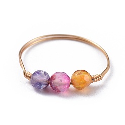Mixed Color Natural Agate Finger Rings, with Brass Copper Jewelry Wire, Faceted, Golden, Mixed Color, Size 8~10, 18~20mm