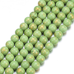Green Natural Mashan Jade Beads Strands, with Gold Powder, Dyed, Round, Green, 6mm, Hole: 1mm, about 62pcs/strand, 16 inch