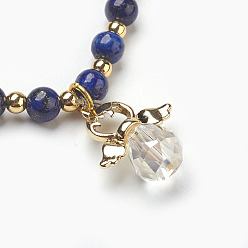 Lapis Lazuli Natural Lapis Lazuli(Dyed) Beads Stretch Charm Bracelets, with Brass and Alloy Findings, Angel, 2-1/8 inch(5.4cm), Charm: 21x19x10mm