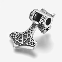 Antique Silver 304 Stainless Steel Pendants, Thor's Hammer with Tiger, Antique Silver, 42.5x30x20mm, Hole: 6mm