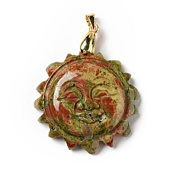 Unakite Natural Unakite Pendants, with Golden Tone Brass Findings, Lead Free & Cadmium Free, Sun with Smiling Face, 42x34~35x10.5mm, Hole: 3.8x5mm