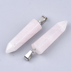 Quartz Rose Naturel a augmenté de point de quartz pendentifs, avec les accessoires en laiton de tonalité de platine, balle, 35~37x10~11x9~10mm, Trou: 6~7x2.5~4mm