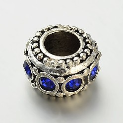 Colorful Antique Silver Zinc Alloy Rhinestone Large Hole European Rondelle Beads, Colorful, 10~12x6mm, Hole: 4.5mm
