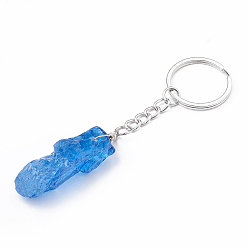 Couleur Mélangete Porte-clés en cristal de quartz naturel teint, avec les accessoires en fer, pépite, platine, couleur mixte, 105~115 mm, pendentif: 45~55x15~30x8~20 mm, anneau: 18x2 mm