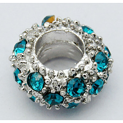 Blue Zircon Alloy Rhinestone European Beads, Large Hole Beads, Rondelle, Platinum Metal Color, Blue Zircon, 11x6mm, Hole: 5mm