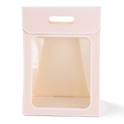 Pink Прямоугольные бумажные пакеты, перевернуть бумажный пакет, с ручкой и пластиковым окном, розовые, 35x25x15 см