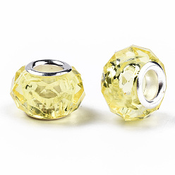 Jaune Champagne Résine transparente perles européennes, cristal d'imitation, Perles avec un grand trou   , laiton avec ton argent noyaux doubles, facette, rondelle, jaune champagne, 14x9.5mm, Trou: 5mm