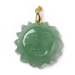 Green Aventurine Natural Green Aventurine Pendants, with Golden Tone Brass Findings, Lead Free & Cadmium Free, Sun with Smiling Face, 42x34~35x10.5mm, Hole: 3.8x5mm