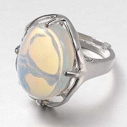 Opalite Adjustable Oval Gemstone Wide Band Rings, with Platinum Tone Brass Findings, US Size 7 1/4(17.5mm)
