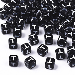 Letter T Opaque Acrylic Beads, Horizontal Hole, Alphabet Style, Cube, Black & White, Letter.T, 5x5x5mm, Hole: 2mm, about 5000pcs/500g