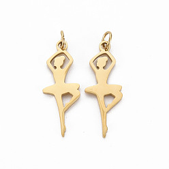 Real 14K Gold Plated Ion Plating(IP) 316 Surgical Stainless Steel Pendants, with Jump Rings, Laser Cut, Cadmium Free & Nickel Free & Lead Free, Ballet Dancer, Real 14K Gold Plated, 22x8x1mm, Hole: 2.5mm