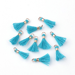 Dodger Blue Polycotton(Polyester Cotton) Tassel Pendant Decorations, with Unwelded Iron Jump Rings, Golden, Dodger Blue, 10~16x2mm, Hole: 1.5mm