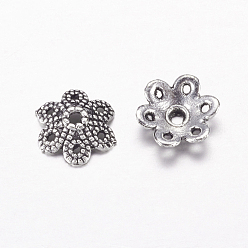 Antique Silver Tibetan Style Alloy Bead Caps, Lead Free and Cadmium Free, Flower, 6-Petal, Antique Silver, 9.5x10x3mm, Hole: 1.5mm