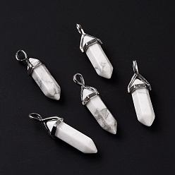 Howlite Natural Howlite Pendants, Faceted, with Platinum Tone Brass Findings, Lead free & Cadmium Free, Bullet, 27~30x9~10x7~8mm, Hole: 4x3mm