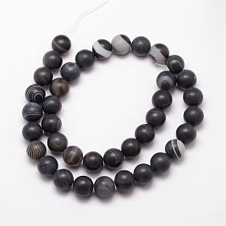Black Natural Striped Agate/Banded Agate Bead Strands, Round, Grade A, Frosted, Dyed & Heated, Black, 6mm, Hole: 1mm, about 61pcs/strand, 15 inch
