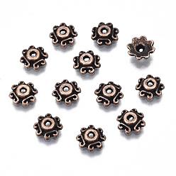 Red Copper Tibetan Style Bead Caps, Zinc Alloy, Lead Free & Nickel Free & Cadmium Free, Flower, Red Copper Color, 7x2.5mm, Hole: 1mm