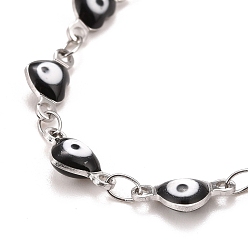 Black Enamel Heart with Evil Eye Link Chains Bracelet, 304 Stainless Steel Jewelry for Women, Stainless Steel Color, Black, 6-7/8 inch(17.5cm)