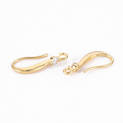 Real 18K Gold Plated Brass Micro Pave Clear Cubic Zirconia Earring Hooks, with Horizontal Loop, Real 18K Gold Plated, 17.5x3mm, Hole: 1.2mm, 18 Gauge, Pin: 1mm
