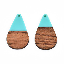 Turquoise Opaque Resin & Walnut Wood Pendants, Teardrop Shape Charm, Turquoise, 38x22x3mm, Hole: 2mm